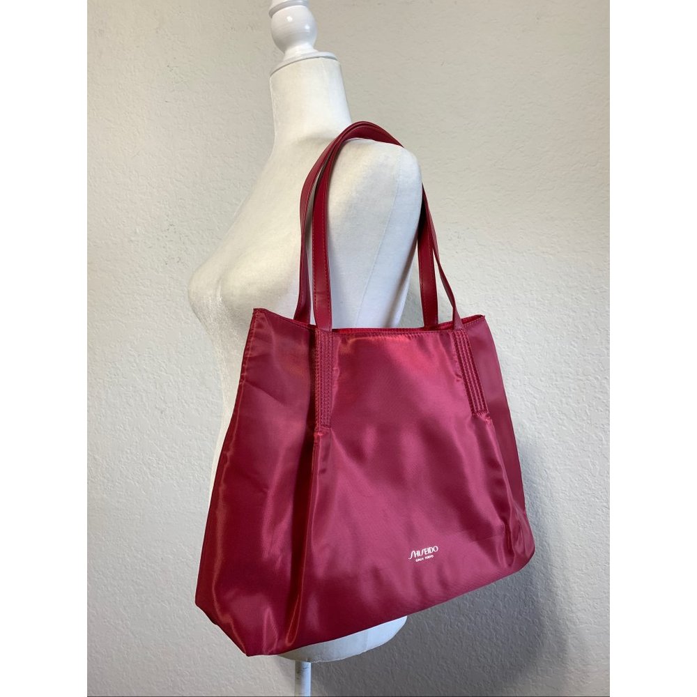 SHISEIDO Ginza Tokyo Fabric Shoulder Bag Red Faux Leather Handles Light Weight
